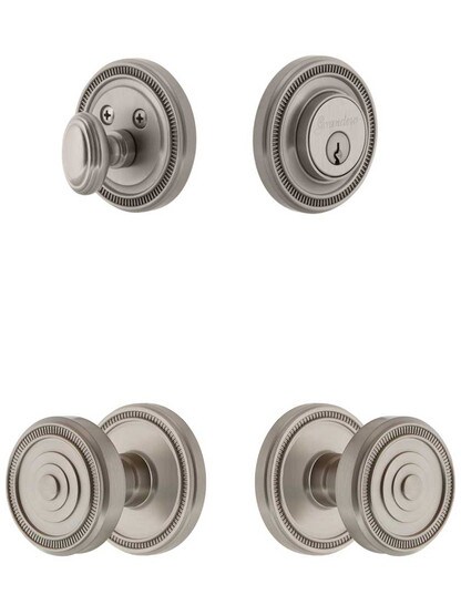 Grandeur Soleil Entry Door Set, Keyed Alike with Soleil Knobs in Satin Nickel.